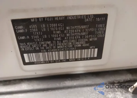 2012 Subaru Outback 2.5I Limited from USA, damaged, VIN 4S4BRCKC4C3217847